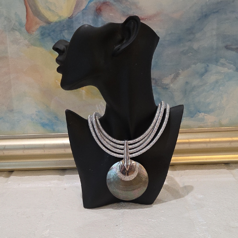 Silver Multi-Strand Necklace with Iridescent Abalone Disc Pendant